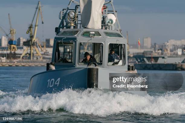 Romanian military vessel takes part in a refugee evacuation exercise, as part of the multinational NATO 'Sea Shield 2023' exercise, in the Port of...