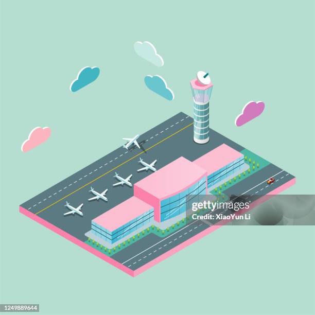 vector drawing of isometric airport,there are four planes docked and one plane is taking off. - airport isometric stock illustrations