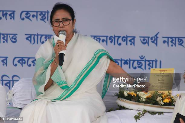 West Bengal Chief Minister Mamata Banerjee on Wednesday started her two-day sit-in demonstration in Kolkata, India, on March 29 to protest the...
