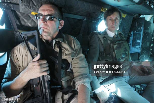 France Televisions chief Patrick de Carolis is pictured aboard a Caracal helicopter on June 22, 2010 in Kapisa province on his way to Tagab military...