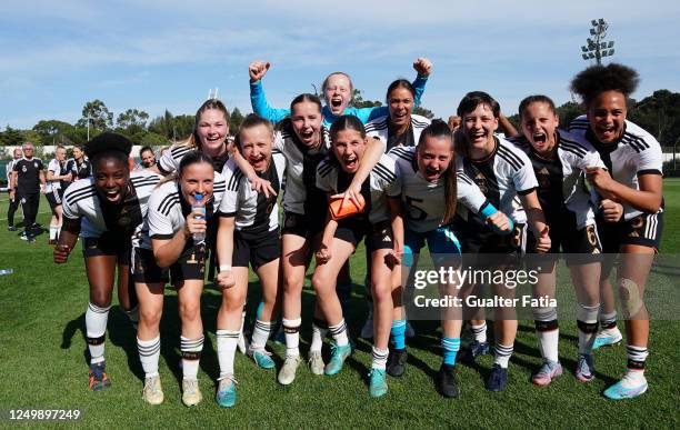 Germany players celebrate after qualifing for Euro 2023 at the end of the UEFA Women's Under-17 Championship Estonia 2023 qualification match between...