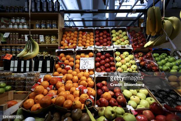 Display of fruit for sale at an indoor market in downtown Rome, Italy, on Tuesday March 28, 2023. Italy is due to report their latest inflation...