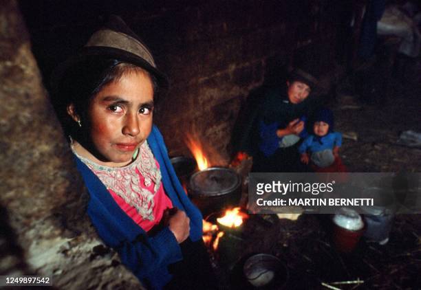 Maria Ushta waits as her mother prepares food at the Cuatro Esquinas community in the the Chimborazo province of Ecuador 17 March, 2002. Ecuador's...