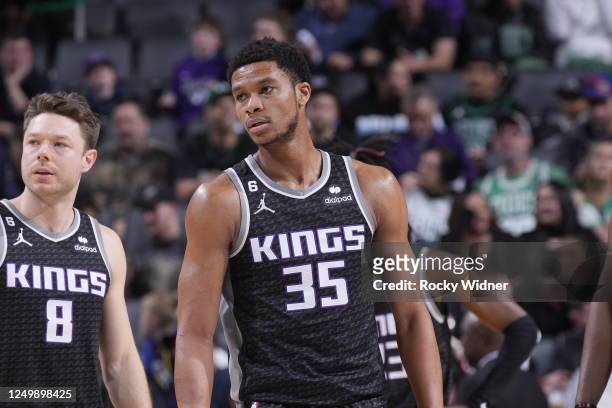 Dozier of the Sacramento Kings looks on during the game against the Boston Celtics on March 21, 2023 at Golden 1 Center in Sacramento, California....