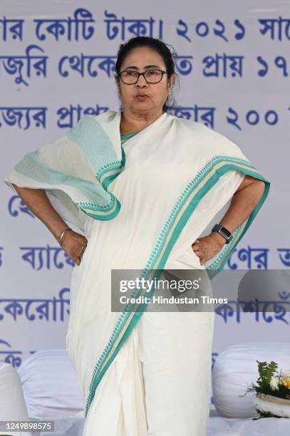Chief minister of West Bengal and Trinamool Congress chief Mamata Banerjee sits at two day dharna site near B R Ambedkar statue on March 29, 2023 in...