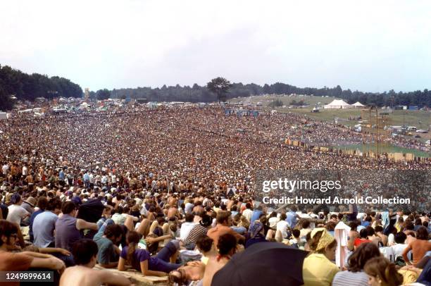 Bethel, NY General view of the crowd during the Woodstock Rock Festival circa August, 1969 on Max Yasgur's dairy farm in Bethel, New York.