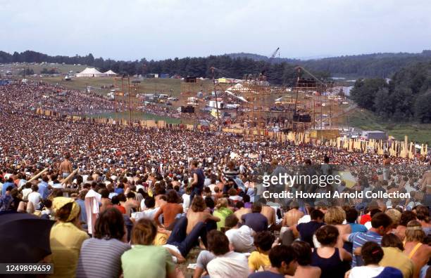 Bethel, NY General view of the crowd and stage during the Woodstock Rock Festival circa August, 1969 on Max Yasgur's dairy farm in Bethel, New York.