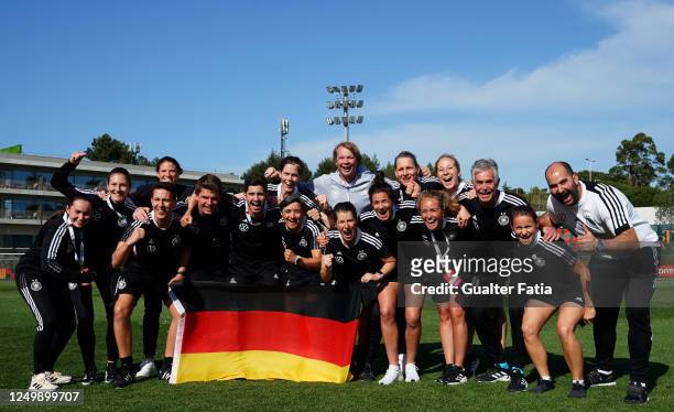 Germany staff members celebrate after qualifing for Euro 2023 at the end of the UEFA Women's Under-17 Championship Estonia 2023 qualification match...