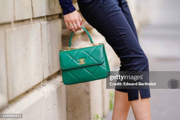 Street style photo session with Gabriella Berdugo wearing a green Chanel quilted bag, a cropped pants from Barbara Bui, on June 15, 2020 in Paris,...