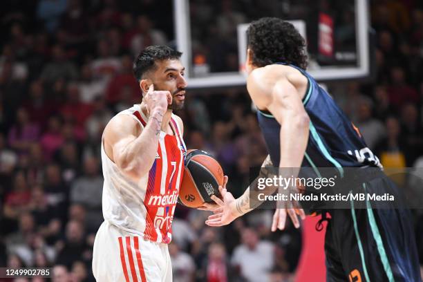 Facundo Campazzo of Crvena Zvezda mts Belgrade reacts during the 2022/2023 Turkish Airlines EuroLeague match between Crvena Zvezda mts Belgrade and...