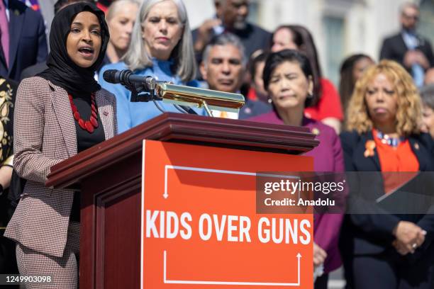 Congresswoman Ilhan Omar speaks during a House Democratic press conference on gun violence on March 29th, 2023 in Washington, DC.