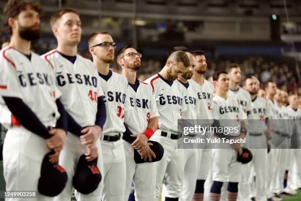 Team Czech Republic players stand for the national anthem prior to Game 9 of Pool B between Team Australia and Team Czech Republic at Tokyo Dome on...