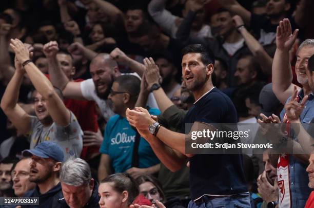 Novak Djokovic reacts during the 2022-23 Turkish Airlines EuroLeague Regular Season Round 31 game between Crvena Zvezda mts Belgrade and Valencia...