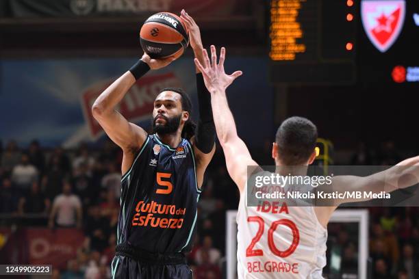 James Webb III of Valencia Basket shoots for three points during the 2022/2023 Turkish Airlines EuroLeague match between Crvena Zvezda mts Belgrade...