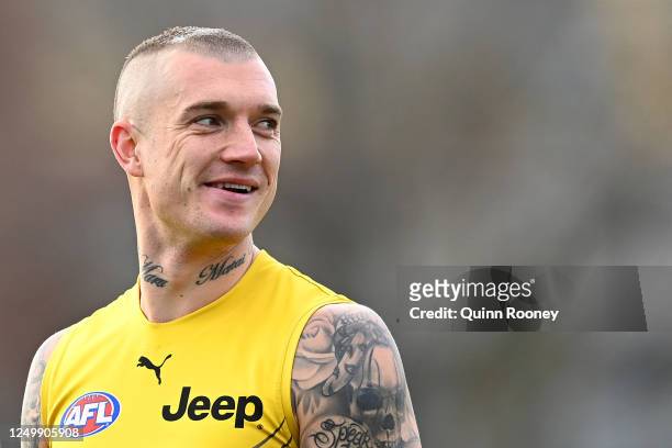 Dustin Martin of the Tigers looks on during a Richmond Tigers AFL training session at Punt Road Oval on June 16, 2020 in Melbourne, Australia.