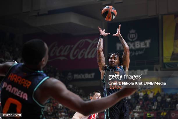 Chris Jones of Valencia Basket shoots for three points during the 2022/2023 Turkish Airlines EuroLeague match between Crvena Zvezda mts Belgrade and...