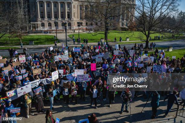 People, many of whom are adolescents, gather during a rally to protest the passing of SB 150 on March 29, 2023 at the Kentucky State Capitol in...