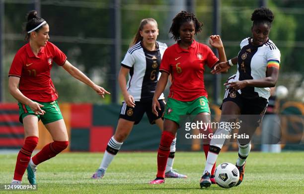 Emily Wallrabenstein of Germany with Leonete Correia of Portugal in action during the UEFA Women's Under-17 Championship Estonia 2023 qualification...