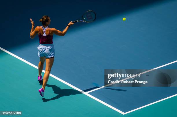 Aryna Sabalenka in action against Sorana Cirstea of Romania in her quarter-final match on Day 11 of the Miami Open at Hard Rock Stadium on March 29,...