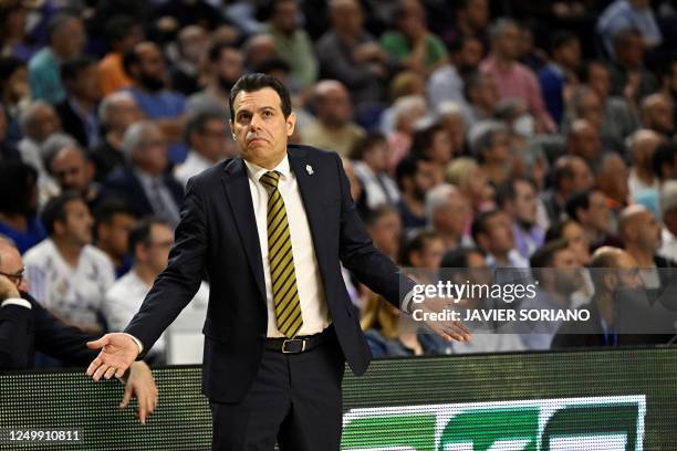 Fenerbahce's Greek head coach Dimitris Itoudis gestures during the Euroleague basketball match between Real Madrid Baloncesto and Fenerbahce at the...