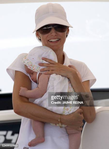 Spain's Princess Letizia and her daughter Sofia are seen on board "Somni" during the second stage of the 26th Copa del Rey regatta off the coast of...