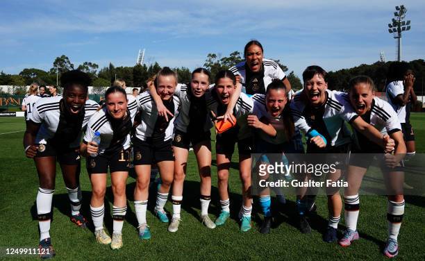 Germany players celebrate after qualifing for Euro 2023 at the end of the UEFA Women's Under-17 Championship Estonia 2023 qualification match between...