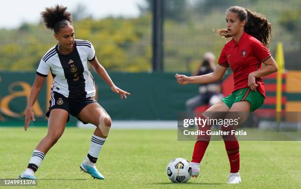 Neide Guedes of Portugal with Lisa Baum of Germany in action during the UEFA Women's Under-17 Championship Estonia 2023 qualification match between...