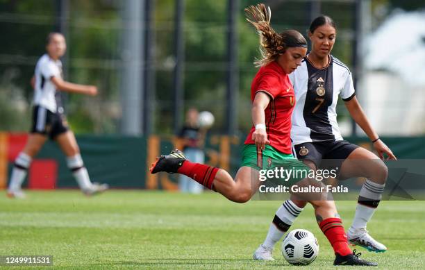 Erica Cancelinha of Portugal with Melina Kruger of Germany in action during the UEFA Women's Under-17 Championship Estonia 2023 qualification match...