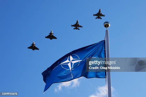 Flight of French and Polish Rafale and F-16 fighter jets during the opening of the exhibition "Powerful because we are united", dedicated to the 19th...