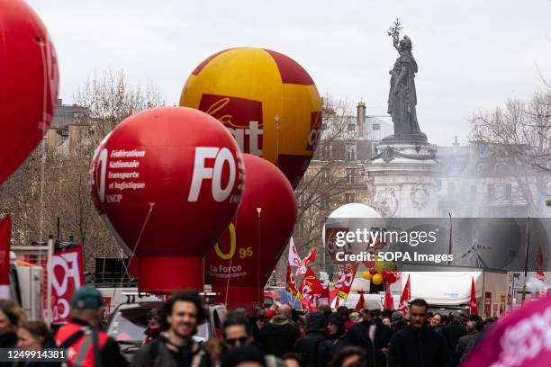 Protesters take part near Place de la Republique, during the rally against Macron's pension reform. The tenth anti-pension reform rally took...