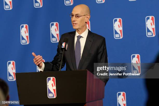 Commissioner Adam Silver speaks to the media after the Board of Governors meetings on March 29, 2023 at the St. Regis Hotel in New York City. NOTE TO...