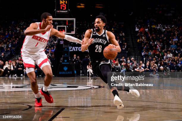 Spencer Dinwiddie of the Brooklyn Nets moves the ball during the game against the Houston Rockets on March 29, 2023 at Barclays Center in Brooklyn,...