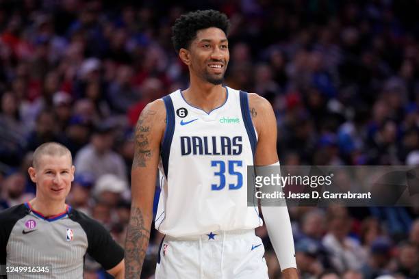 Christian Wood of the Dallas Mavericks looks on during the game against the Philadelphia 76ers on March 29, 2023 at the Wells Fargo Center in...