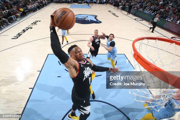 Russell Westbrook of the LA Clippers dunks the ball during the game against the Memphis Grizzlies on March 29, 2023 at FedExForum in Memphis,...