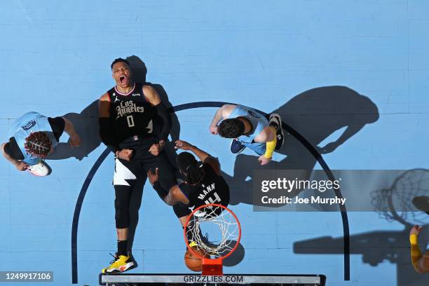 Russell Westbrook of the LA Clippers celebrates during the game against the Memphis Grizzlies on March 29, 2023 at FedExForum in Memphis, Tennessee....