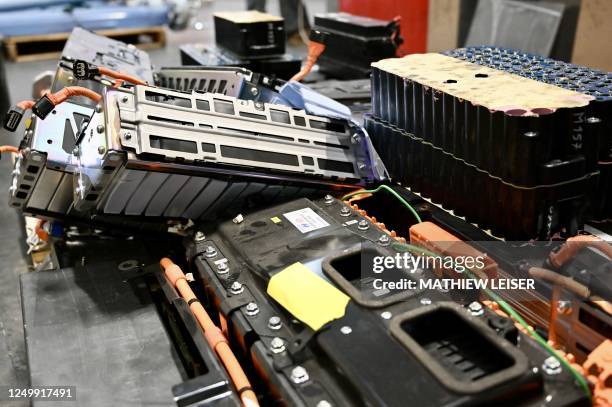 Used batteries are seen at the Lithion battery recycling plant in Montreal, Quebec on January 17, 2023. - As the world races to transition to...