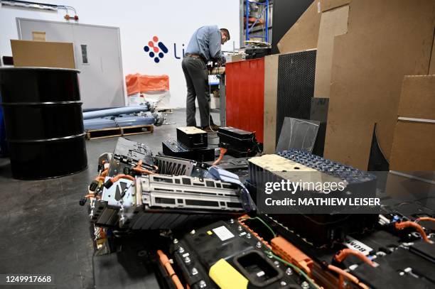 Used batteries are seen at the Lithion battery recycling plant in Montreal, Quebec, on January 17, 2023. - As the world races to transition to...