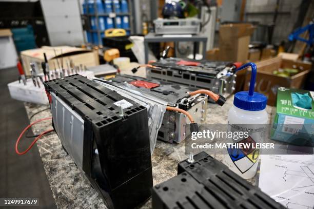 Used batteries are seen at the Lithion battery recycling plant in Montreal, Quebec on January 17, 2023. - As the world races to transition to...