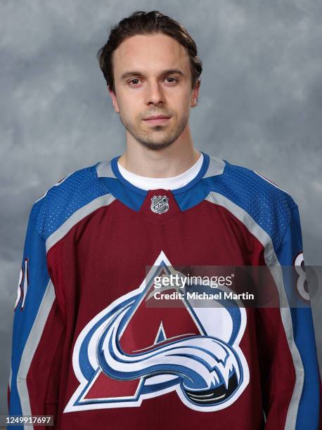 Denis Malgin of the Colorado Avalanche poses for an official team headshot prior to the game against the Minnesota Wild at Ball Arena on March 29,...