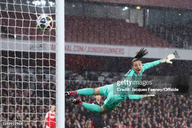 Bayern Munich goalkeeper Maria Luisa Grohs is beaten as Frida Maanum of Arsenal scores the opening goal during the UEFA Women's Champions League...