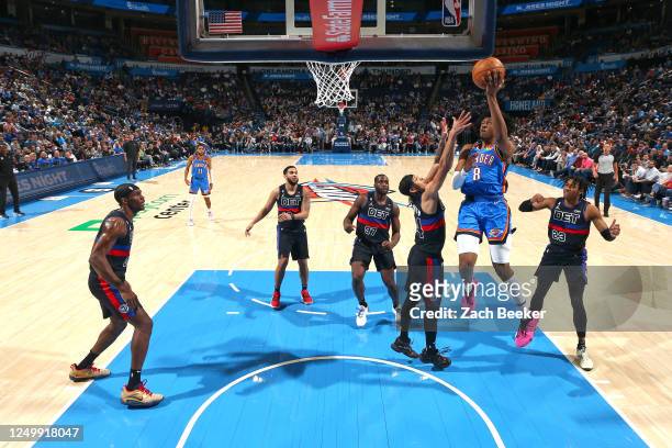 Jalen Williams of the Oklahoma City Thunder goes to the basket against the Detroit Pistons on March 29, 2023 at Paycom Arena in Oklahoma City,...