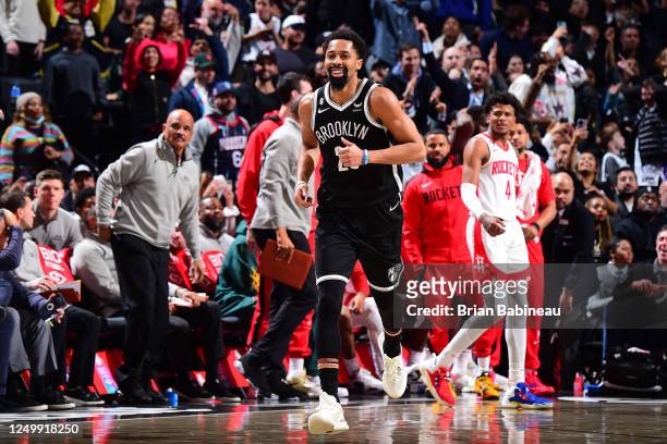 Spencer Dinwiddie of the Brooklyn Nets smiles during the game against the Houston Rockets on March 29, 2023 at Barclays Center in Brooklyn, New York....