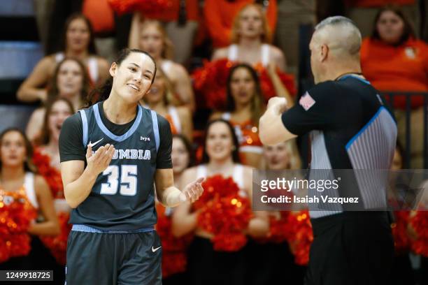 Abbey Hsu of the Columbia Lions reacts to an official after a call was made against her during the second half against the Bowling Green Falcons...