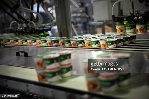 This photograph taken on March 29 shows a view of a yogurt production line of the Danone industry, in Ferrieres-en-Bray, northern France.