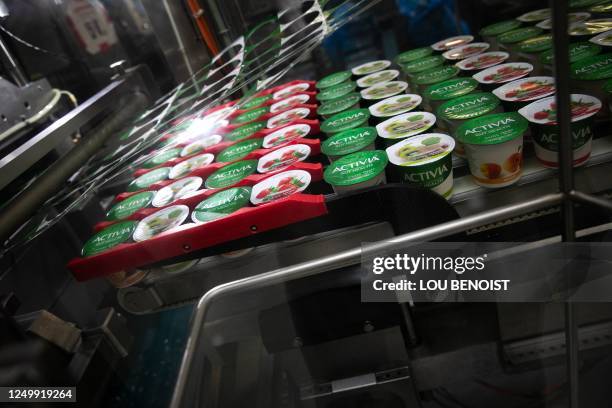 This photograph taken on March 29 shows a view of a yogurt production line of the Danone industry, in Ferrieres-en-Bray, northern France.