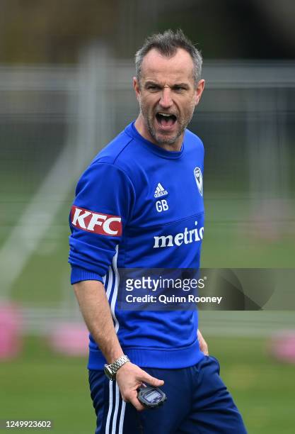 Victory interim Head Coach, Grant Brebner gives instructions during a Melbourne Victory A-League training session at Gosch's Paddock on June 16, 2020...