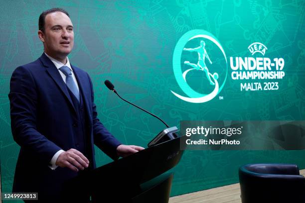 Clifton Grima, Minister for Education and Sports speaks during the 2023 European UEFA Under-19 Championship press launch event at the Centenary Hall,...