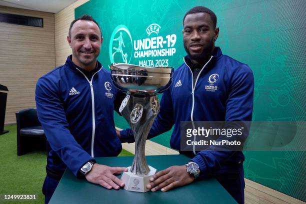 Michael Mifsud , and Joseph Mbong , the two ambassadors for the 2023 UEFA European Under-19 Championship, after the press launch event at the...