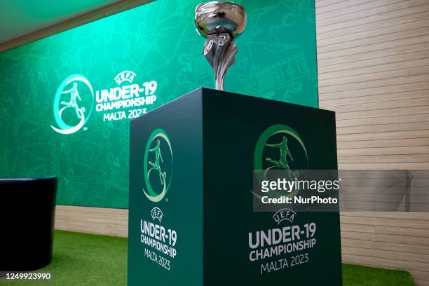 The UEFA Under-19 Championship official trophy on display at the Centenary Hall, Ta' Qali, Malta on 29 March 2023, ahead of the launch event for the...