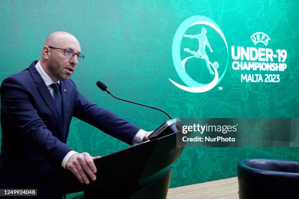 Malta FA President Bjorn Vassallo speaks during the 2023 UEFA European Under-19 Championship press launch event at the Centenary Hall, Ta' Qali,...